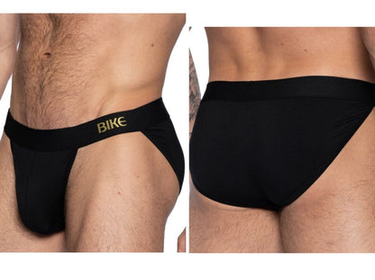 Black mens bike athletic bas331 active jock briefs with gold bike branding on the waistband front view