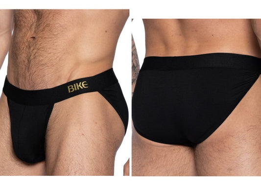 Black mens bike athletic bas331 active jock briefs with gold bike branding on the waistband front view
