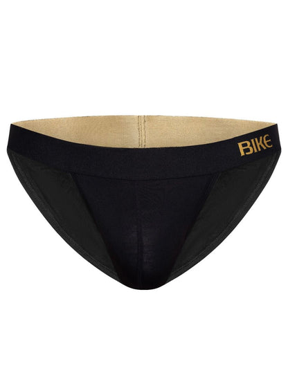 Black BIKE Athletic BAS331 active jock briefs with gold logo waistband and beige interior lining for athletic use