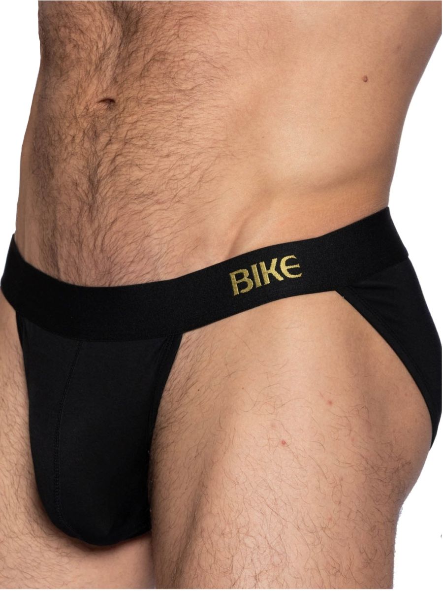 Black men’s bike briefs in black with a gold bike logo on the waistband designed for athletic use