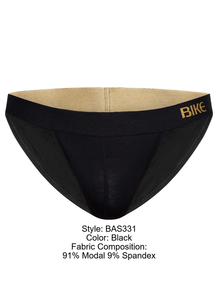 Black bike athletic bas331 active jock brief with gold logo waistband and beige lining for athletic use