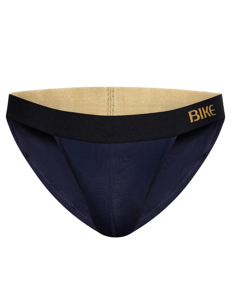 Navy blue bike athletic BAS331 active jock brief with black waistband and gold bike logo for sports use