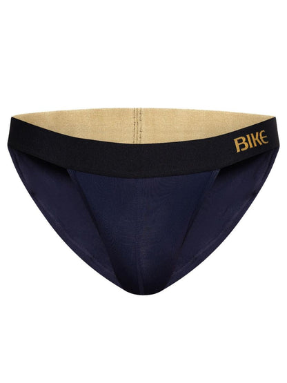 Navy blue bike athletic BAS331 active jock brief with black waistband and gold bike logo for sports use