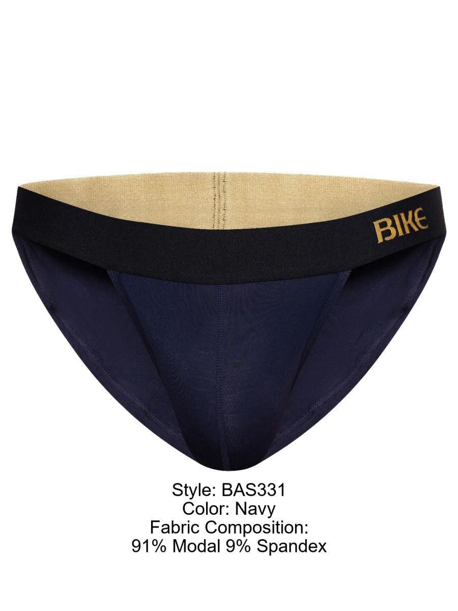 Navy blue bike athletic bas331 active jock brief with black waistband gold branding and beige interior lining