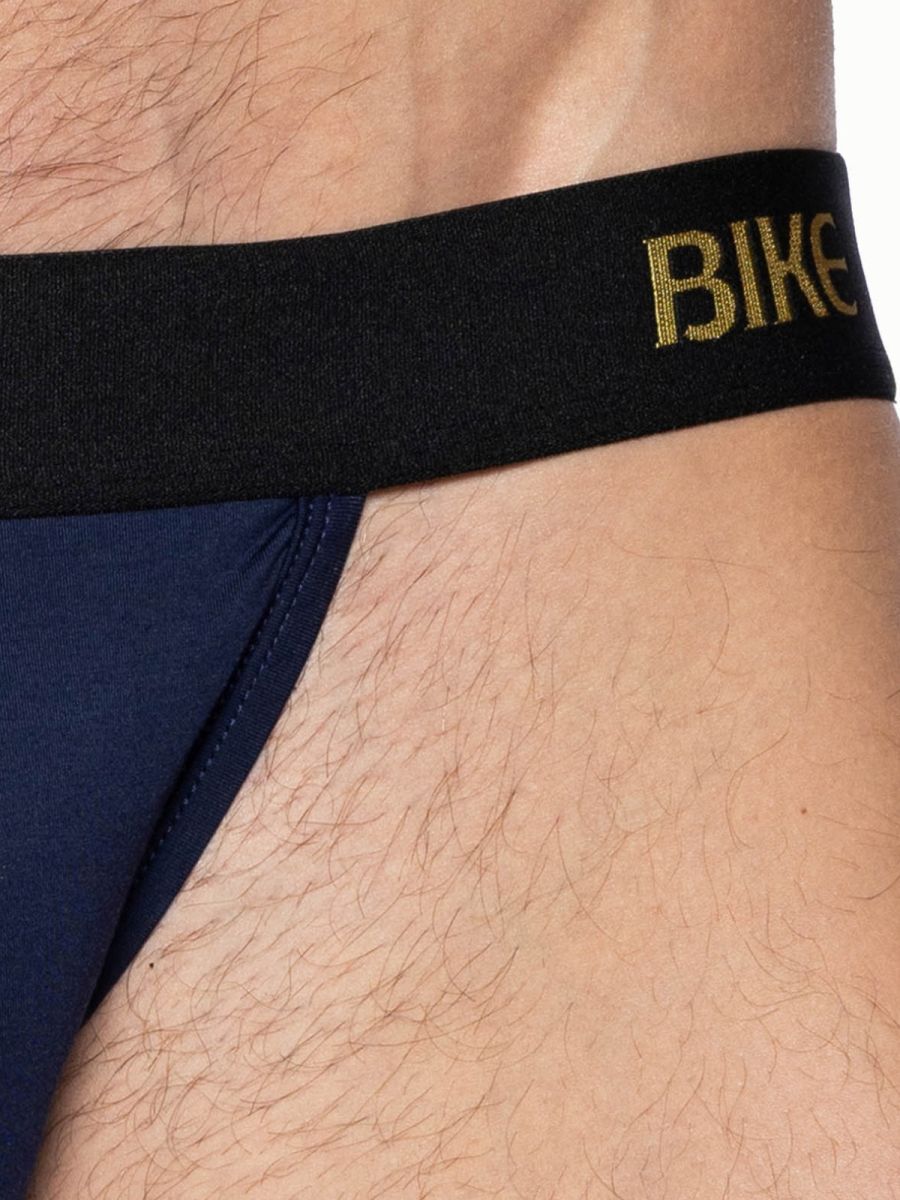 Black bike brief with gold bike lettering on the waistband for athletic use in navy bas331 active jock brief