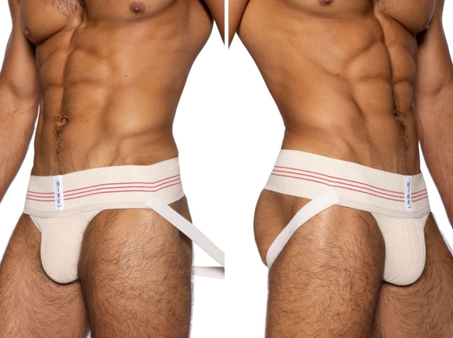 White athletic briefs with red stripes and bike brand label on white waistband from bike athletic bas333 classic retro