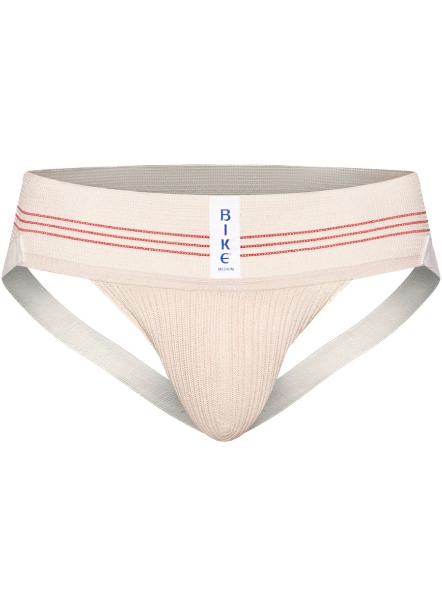 Beige bike brand athletic briefs with red stripe detailing and ribbed texture in vintage cream classic retro design