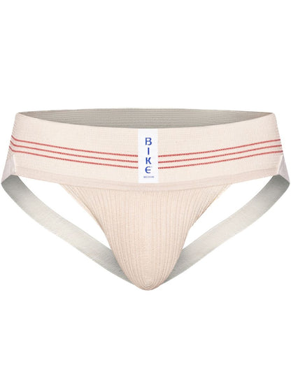 Beige bike brand athletic briefs with red stripe detailing and ribbed texture in vintage cream classic retro design