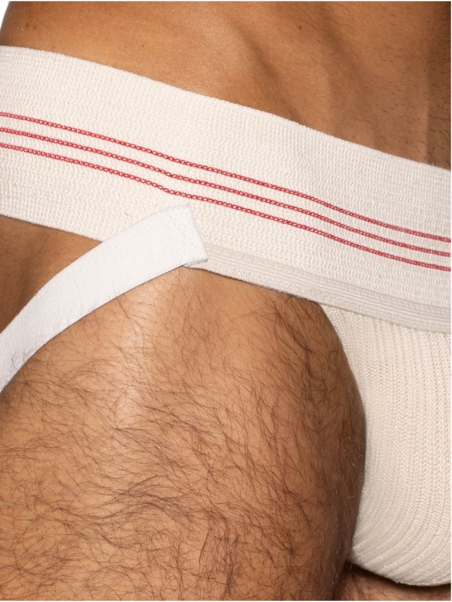 White athletic brief bike athletic bas333 classic retro with red stitched stripes on waistband in vintage cream color