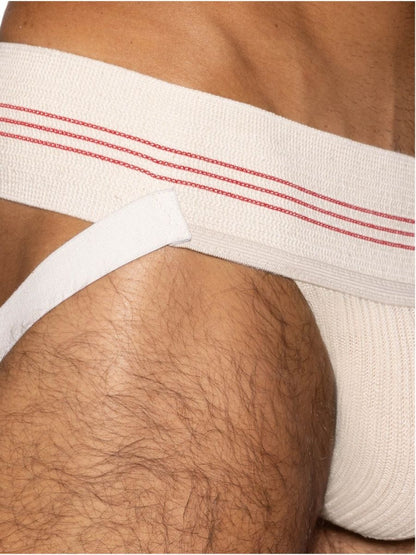 White athletic brief bike athletic bas333 classic retro with red stitched stripes on waistband in vintage cream color