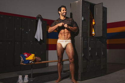 White athletic briefs with subtle logo front in vintage cream color from bike athletic bas333 classic retro collection