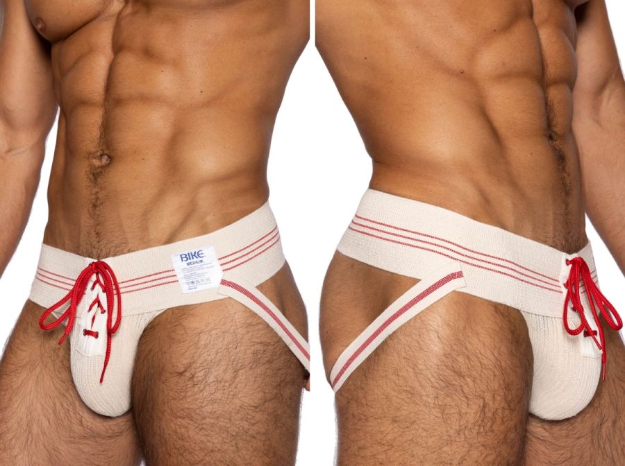 White athletic briefs with red stripes and drawstrings featuring bike brand label on the waistband vintage cream color