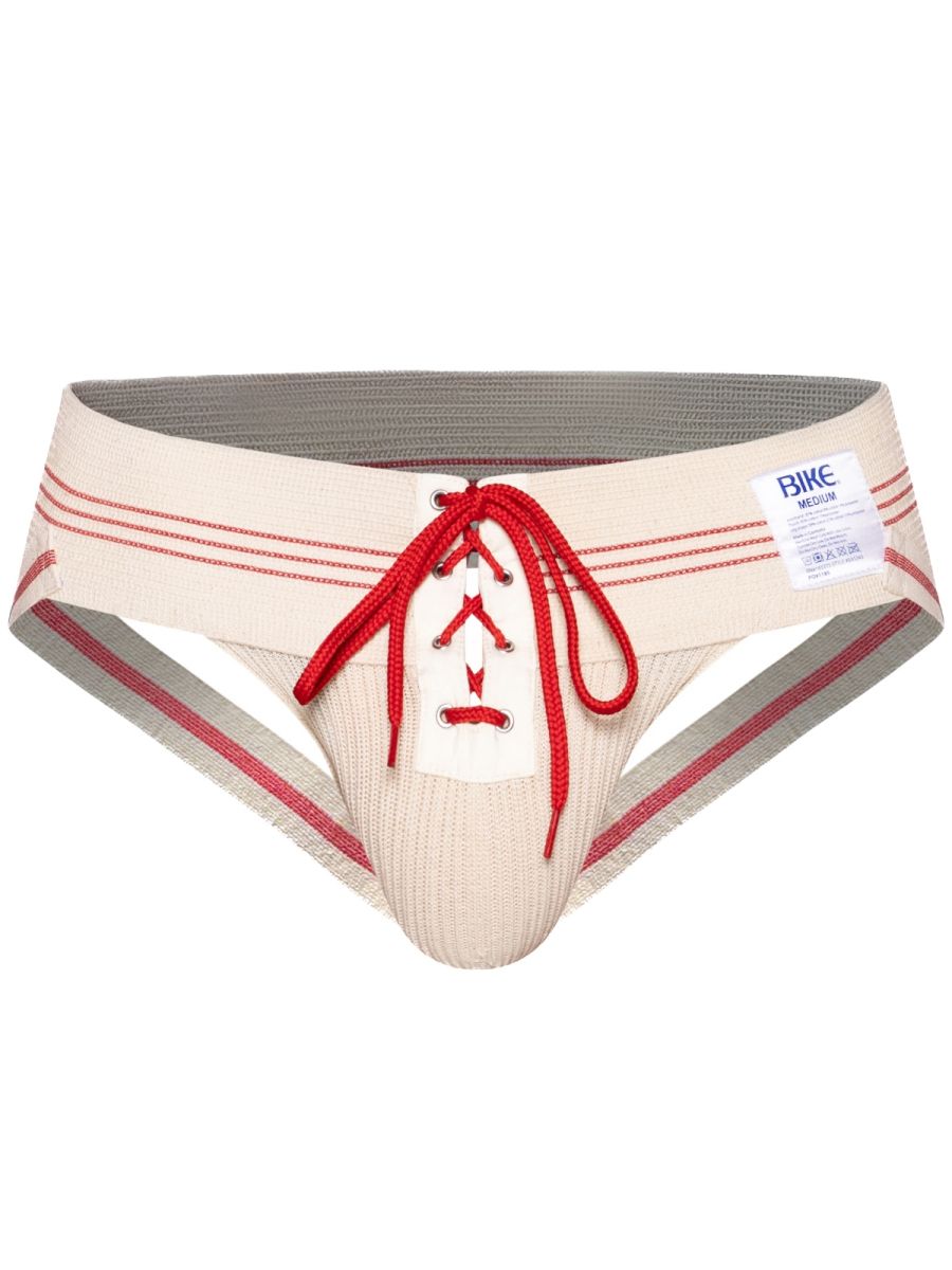 Beige bike briefs with red laces striped detailing ribbed texture and branded label vintage cream color vintage cream