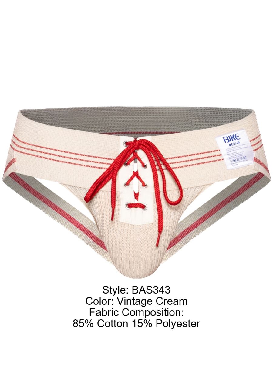 Vintage cream lace-up athletic briefs with red laces and striped trim from BIKE Athletic BAS343 collection