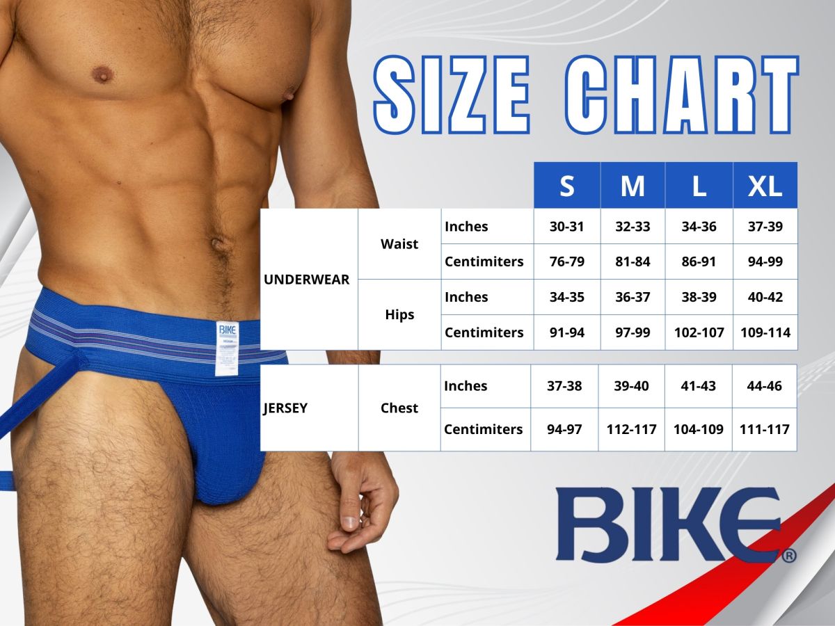 BIKE Men's Athletic Jockstrap Size Chart with Waist and Hip measurements.