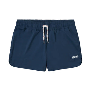 Navy athletic track shorts with an elastic waistband, white drawstring, and the BIKE logo on the right hem.