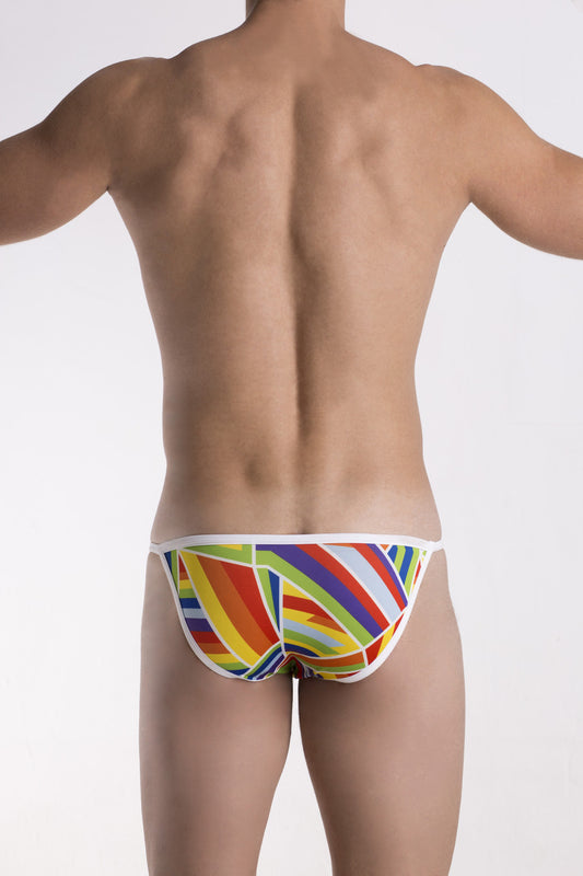 Vibrant rainbow-striped groovin underwear prism string bikini briefs with white trim in front view