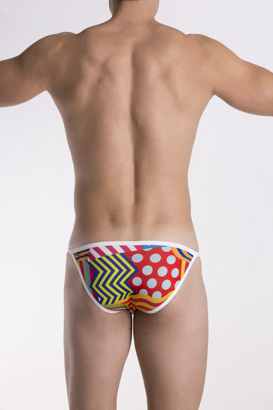Vibrant groovin underwear pop art string bikini bkP1702 with bold red yellow blue geometric designs and white polka dots