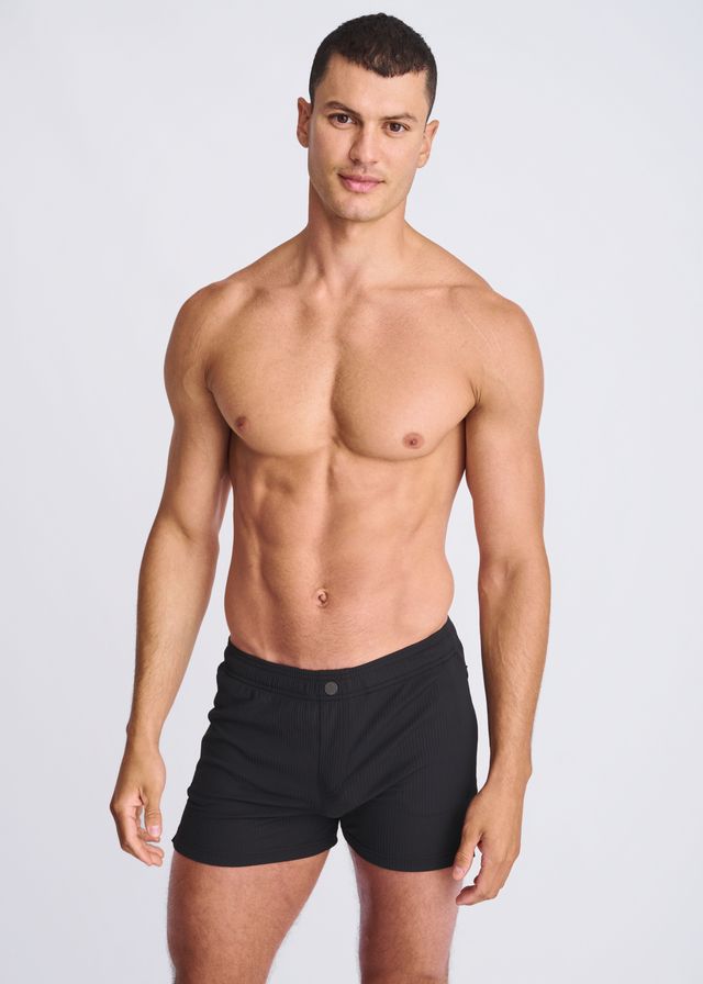 Black seersucker swim shorts with mesh lining black athletic shorts featuring a sleek minimalist design and button closure