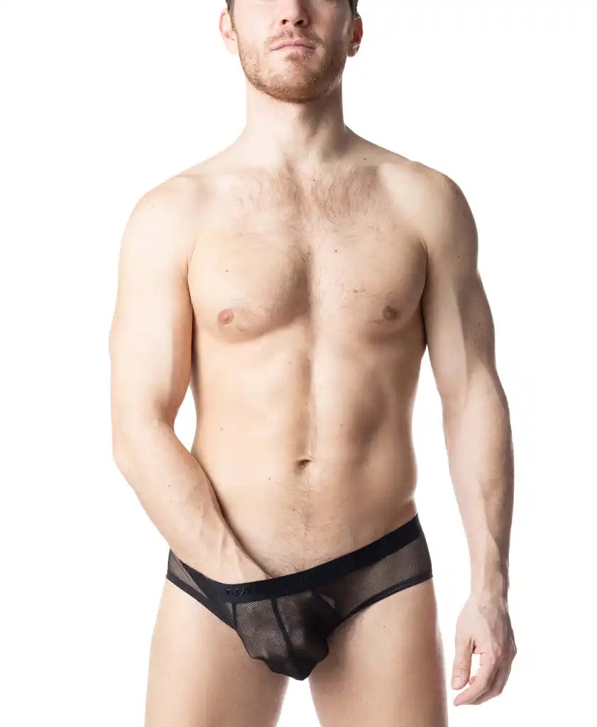 Black sheer mesh blur bikini brief with solid black waistband showing front view
