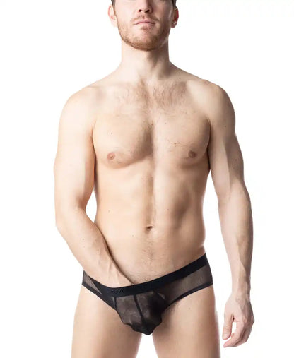 Black sheer mesh blur bikini brief with solid black waistband showing front view