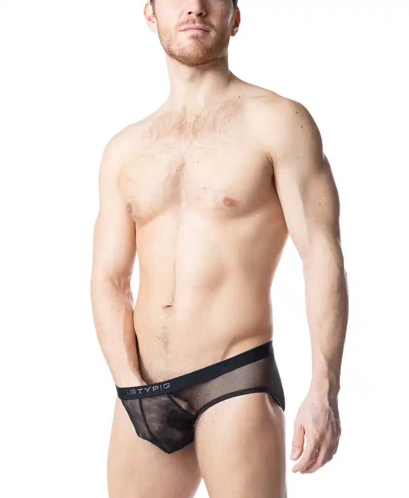 Black mesh blur bikini brief with solid black waistband featuring stypig logo designed for comfort and style