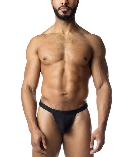 Black blur jockstrap briefs with smooth stretchy fabric and a narrow waistband shown from the back side