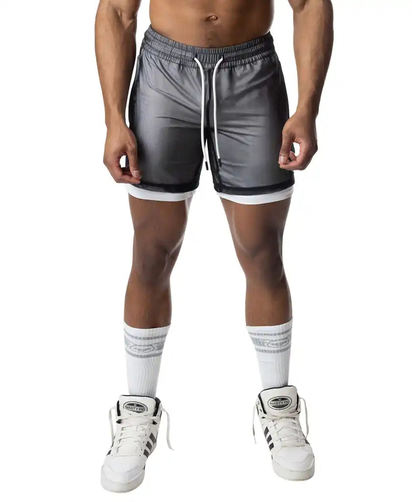Gray blur rugby short athletic shorts with shiny reflective finish and white drawstrings for sports and training