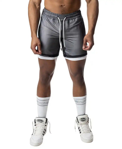 Gray blur rugby short athletic shorts with shiny reflective finish and white drawstrings for sports and training