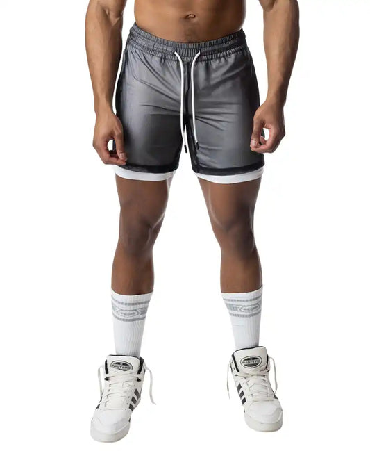 Gray blur rugby short athletic shorts with shiny reflective finish and white drawstrings for sports and training