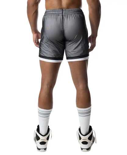Gray blur rugby short athletic shorts with shiny reflective finish and white trim along the hem