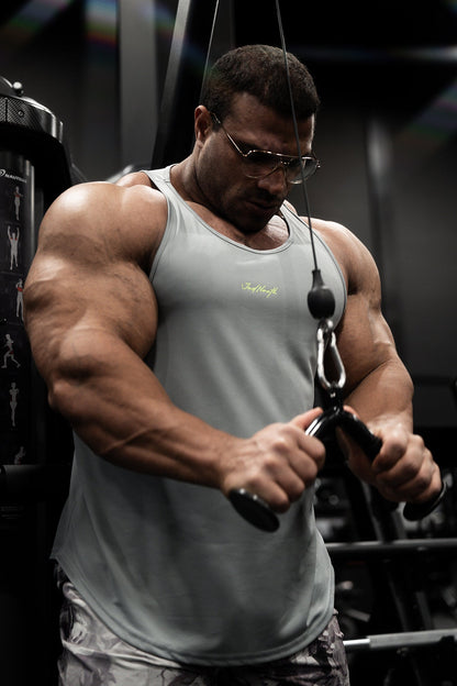 Jed North Men's Fast-Dry Bodybuilding Workout Stringer - Light Gray w/ Neon Logo