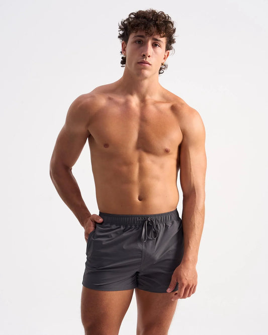 Bolt 3 inch short dark gray sleek swim trunks with drawstring waistband designed for comfortable swimming