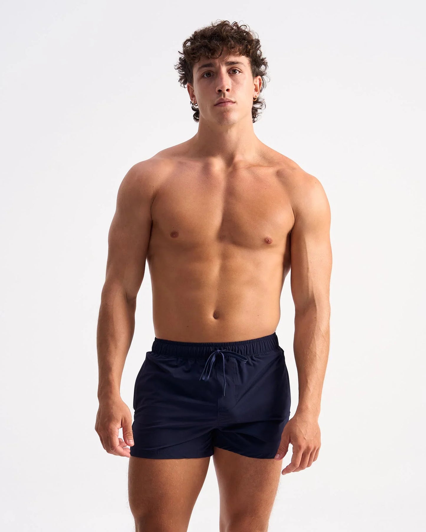Navy blue bolt 3 short athletic swim trunks with drawstring waistband designed for active water use
