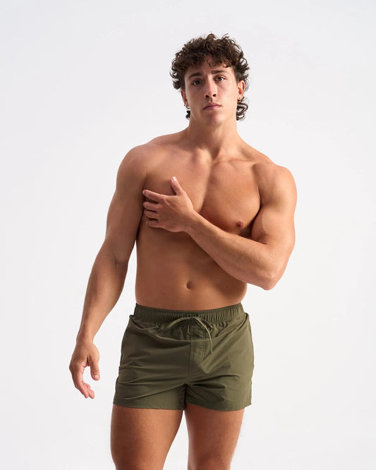 Olive green bolt 3 inch athletic shorts with drawstring waistband designed for active wear