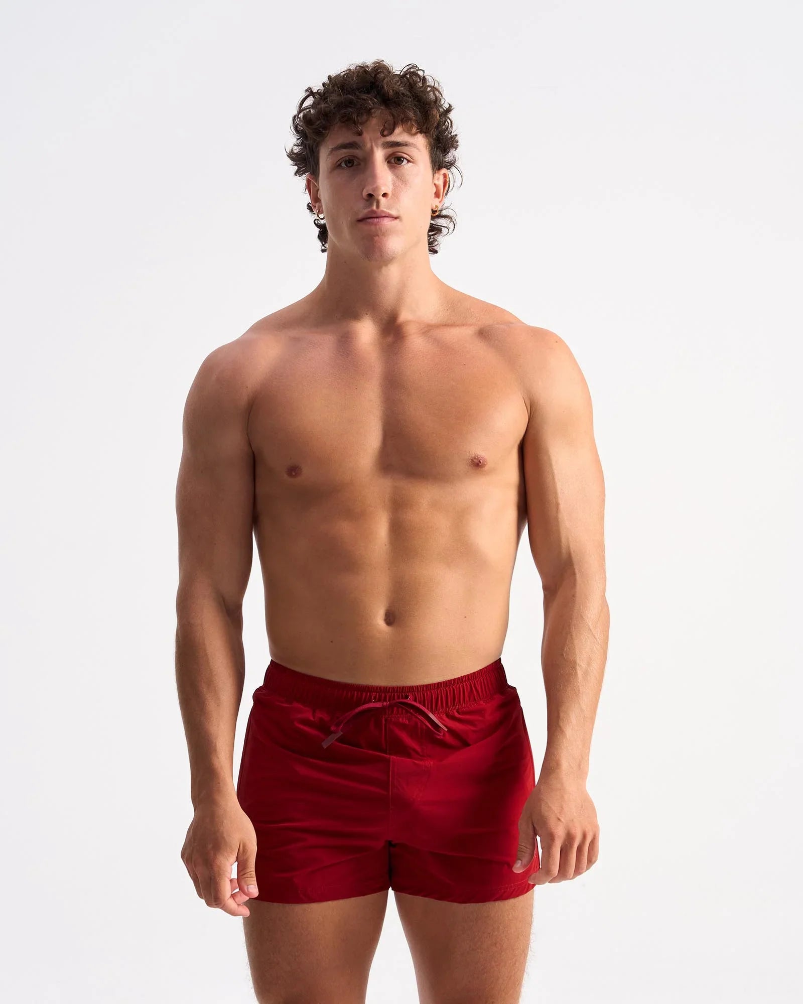 Bolt 3 inch short red velvet swim trunks with drawstring waistband for comfortable beachwear