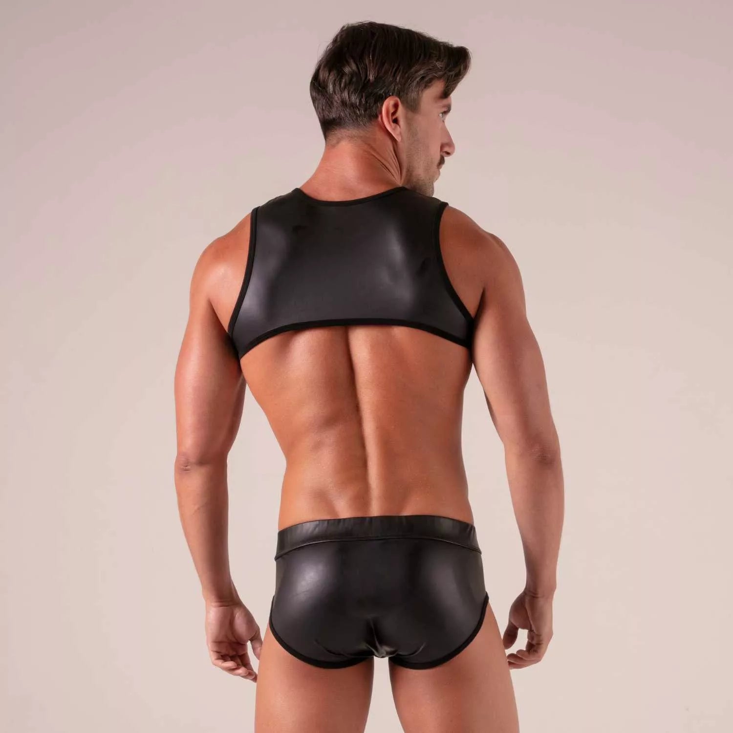 Black shiny faux leather tank top and briefs set with bondage brief style for edgy fashion looks