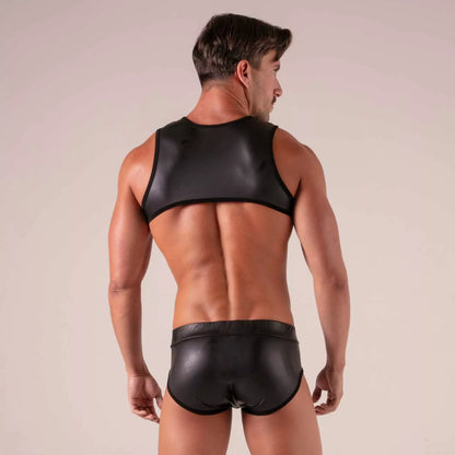 Black shiny faux leather tank top and briefs set with bondage brief style for edgy fashion looks