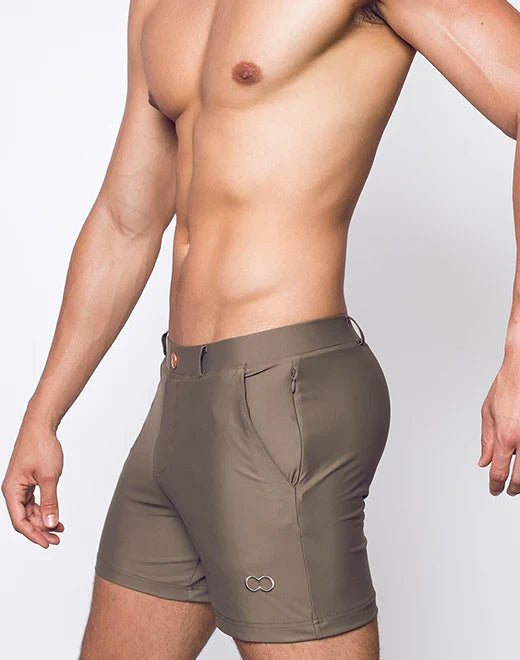Bondi short olive green form-fitting athletic shorts with subtle metallic logo on lower left leg