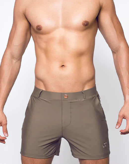 Olive green bondi short athletic shorts with a subtle logo on the lower right leg and a button at the waistband