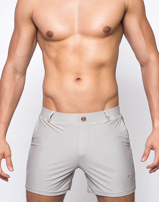 Bondi short gray athletic shorts with subtle logo on lower right leg and matching button at waistband