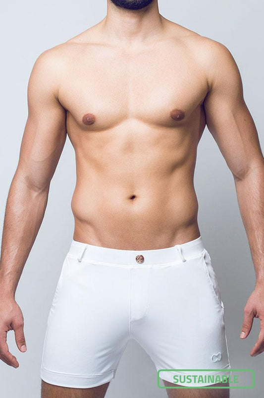 White bondi short briefs with a sleek tailored design and subtle side branding for comfortable everyday wear