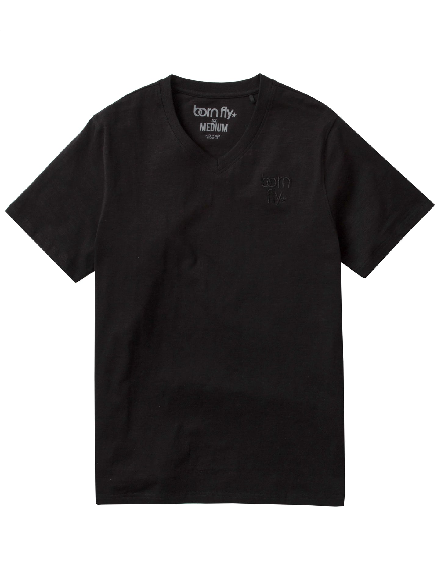 Born fly v neck tee black short-sleeved cotton t-shirt with subtle embroidered logo on left chest and printed collar