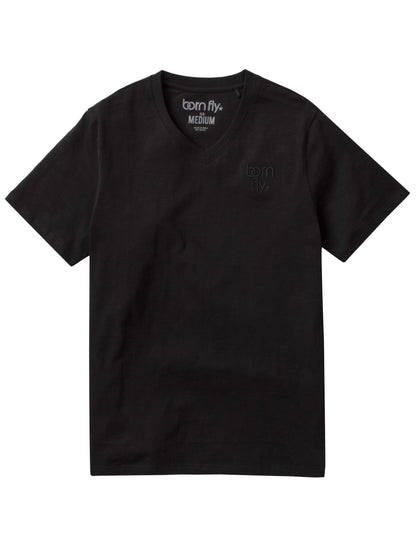 Born fly v neck tee black short-sleeved cotton t-shirt with subtle embroidered logo on left chest and printed collar