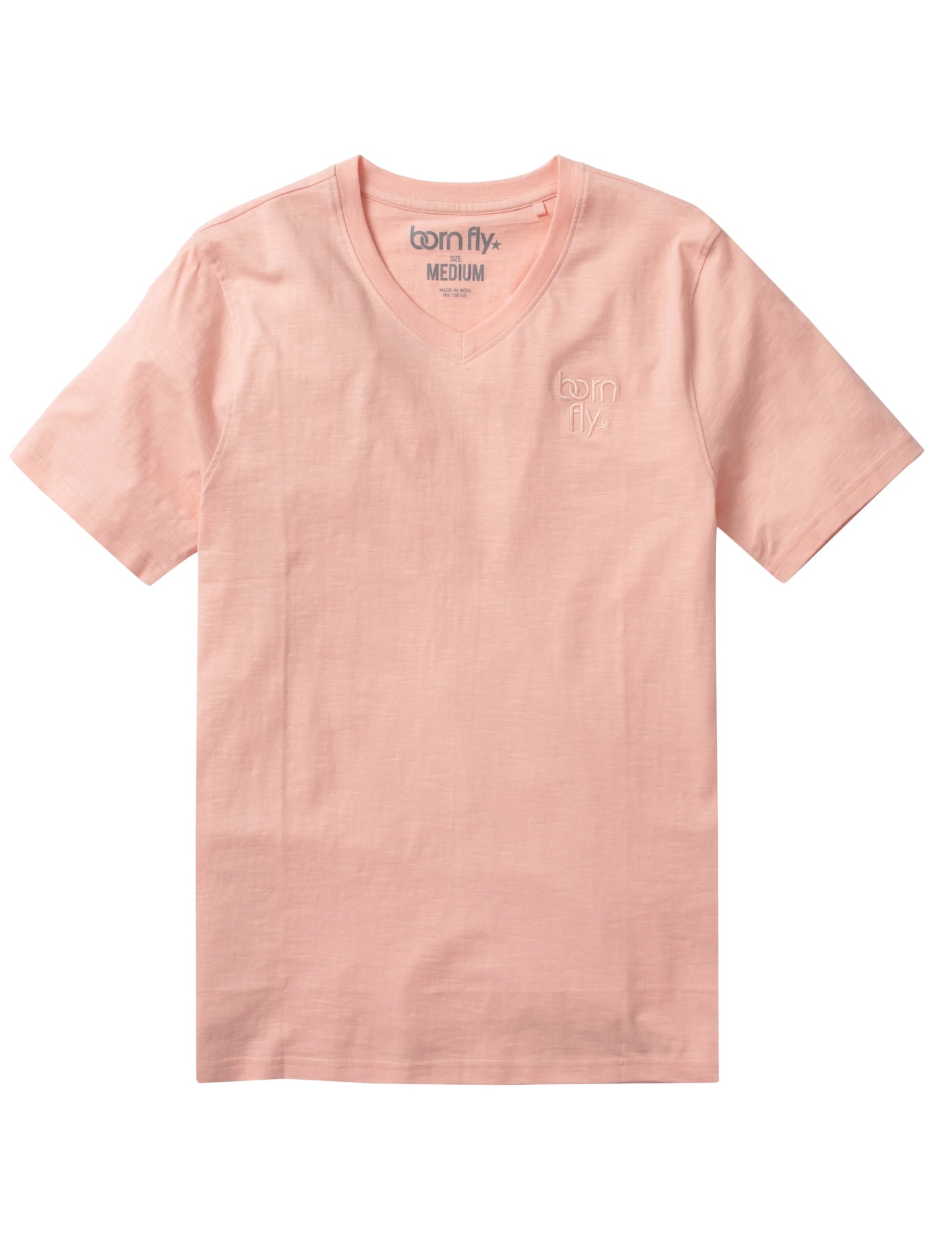 A soft pink cotton born fly v-neck tee with subtle born fly logo embroidered on the left chest