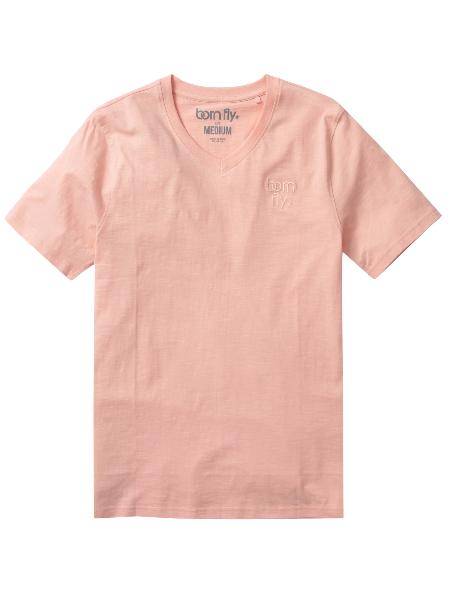 A soft pink cotton born fly v-neck tee with subtle born fly logo embroidered on the left chest