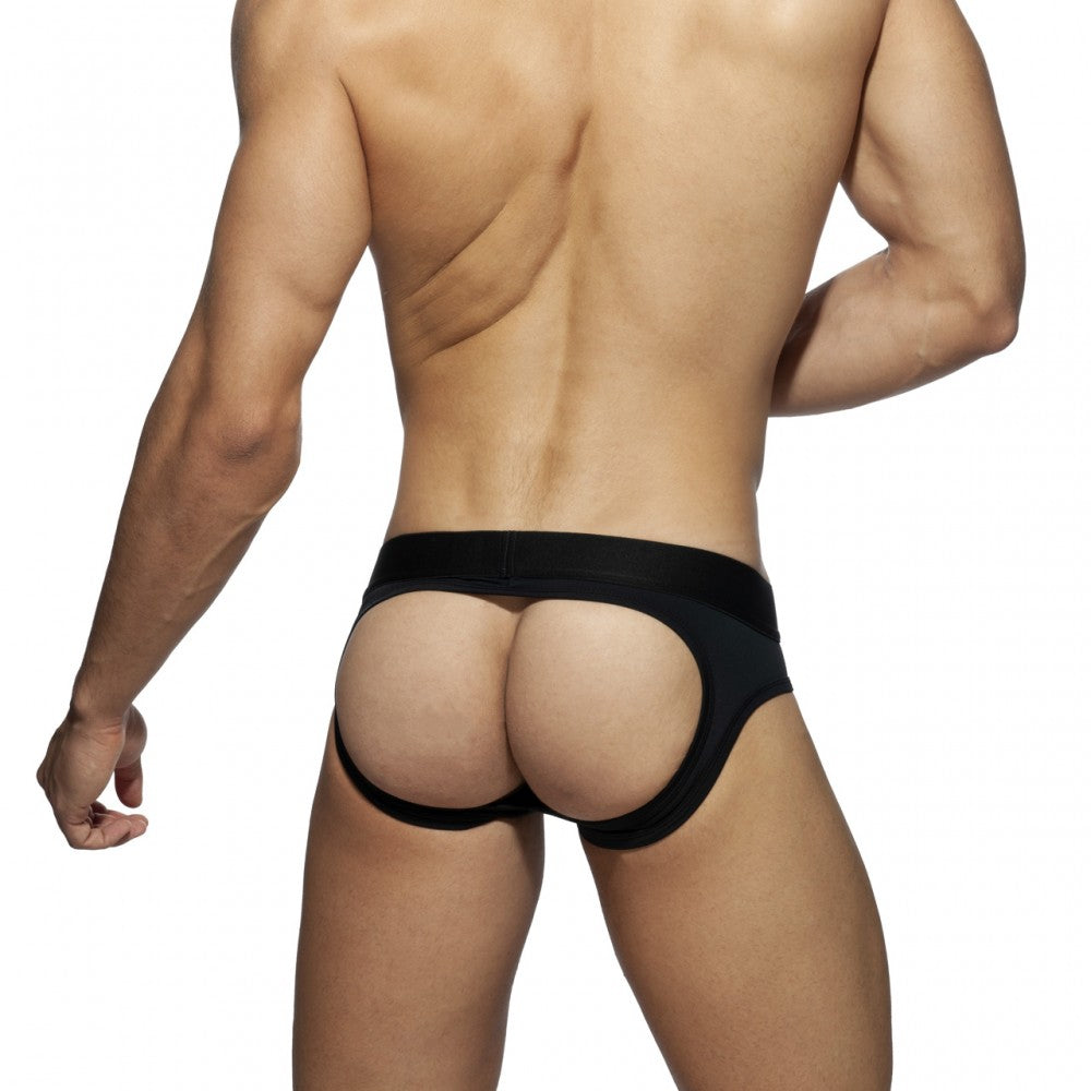 Black form-fitting high-waisted bottomless fetish brief with wide elastic waistband and back cutouts shown from the back
