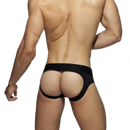 Black form-fitting high-waisted bottomless fetish brief with wide elastic waistband and back cutouts shown from the back