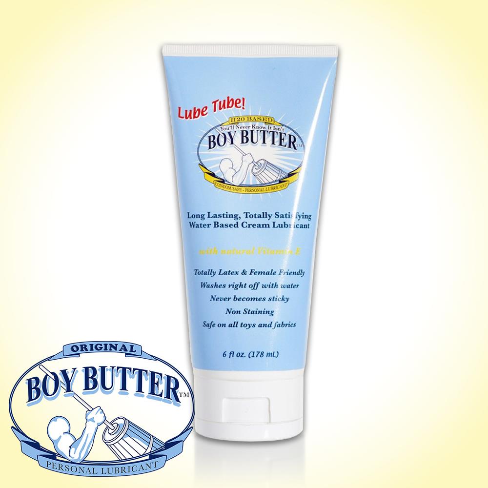 Light blue plastic tube of boy butter h2o personal lubricant with white cap and label showing brand logo and muscular arm design