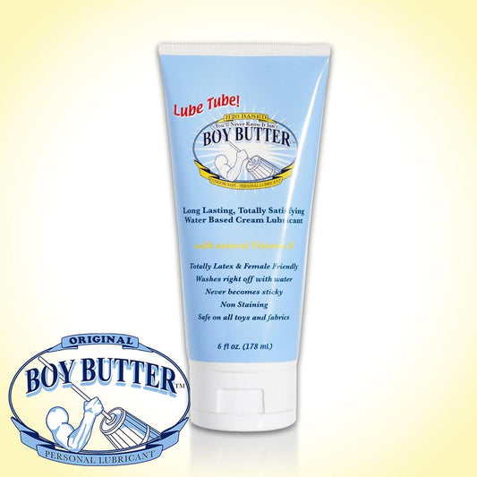 Light blue plastic tube of boy butter h2o personal lubricant with white cap and label showing brand logo and muscular arm design